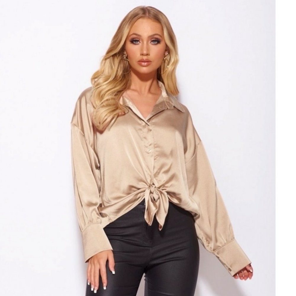 Beige Satin Silk Long Sleeve Loose Fit Oversized Shirt Blouse